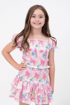 Tweenstyle Blooming Ditzy's Print Puff Elastic Sleeve Smocked Top & Smocked Tiered Skirt Set
