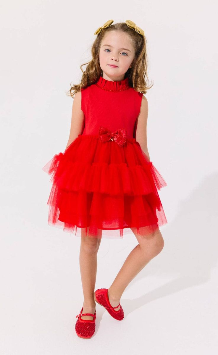 Lola + The Boys Tiered Red Party Bow Dress
