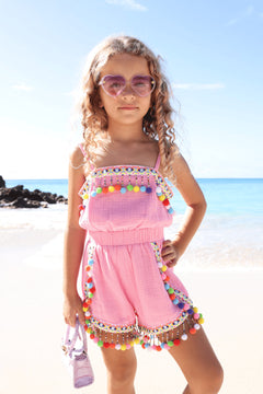 Lola + The Boys Pink Rainbow Pom Pom Romper
