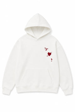 A white pullover hoodie with a small red graphic on the left chest depicting a heart, a small red rose, and a tiny red figure, displayed against a plain white background.