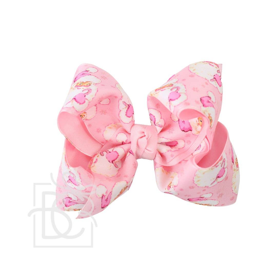 LAYERED LIGHT PINK SANTA PRINT HAIR BOW ON ALLIGATOR CLIP : 4.5" Large