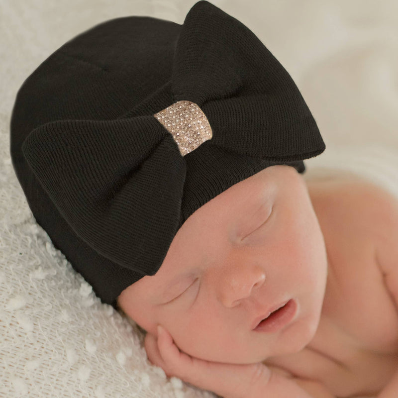 BLACK SHIMMER BOW- Newborn Girl Hospital Hat Gold Center: Newborn / Black