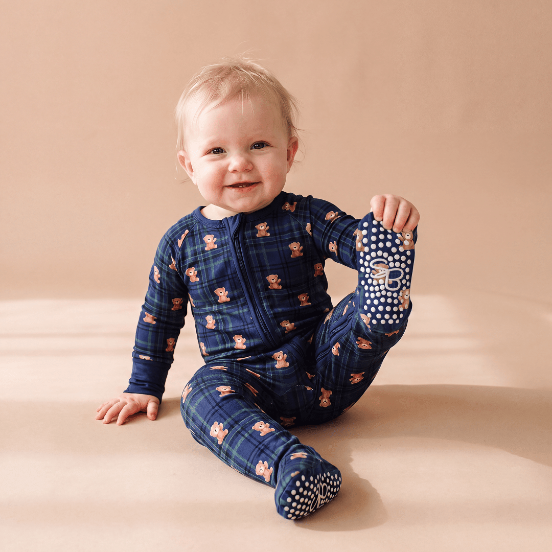 Bamboo Zipper Footie - Teddy on Plaid - Baby Biz