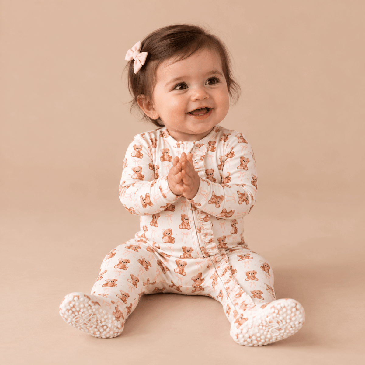Bamboo Ruffle Footie - Pink Teddy - Baby Biz