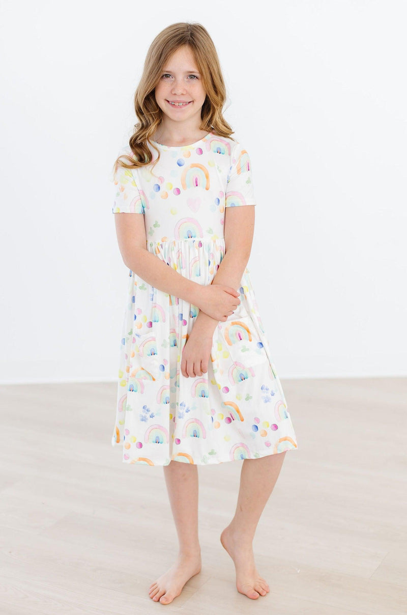 Mila & Rose Watercolor Rainbows Short Sleeve Pocket Twirl Dress