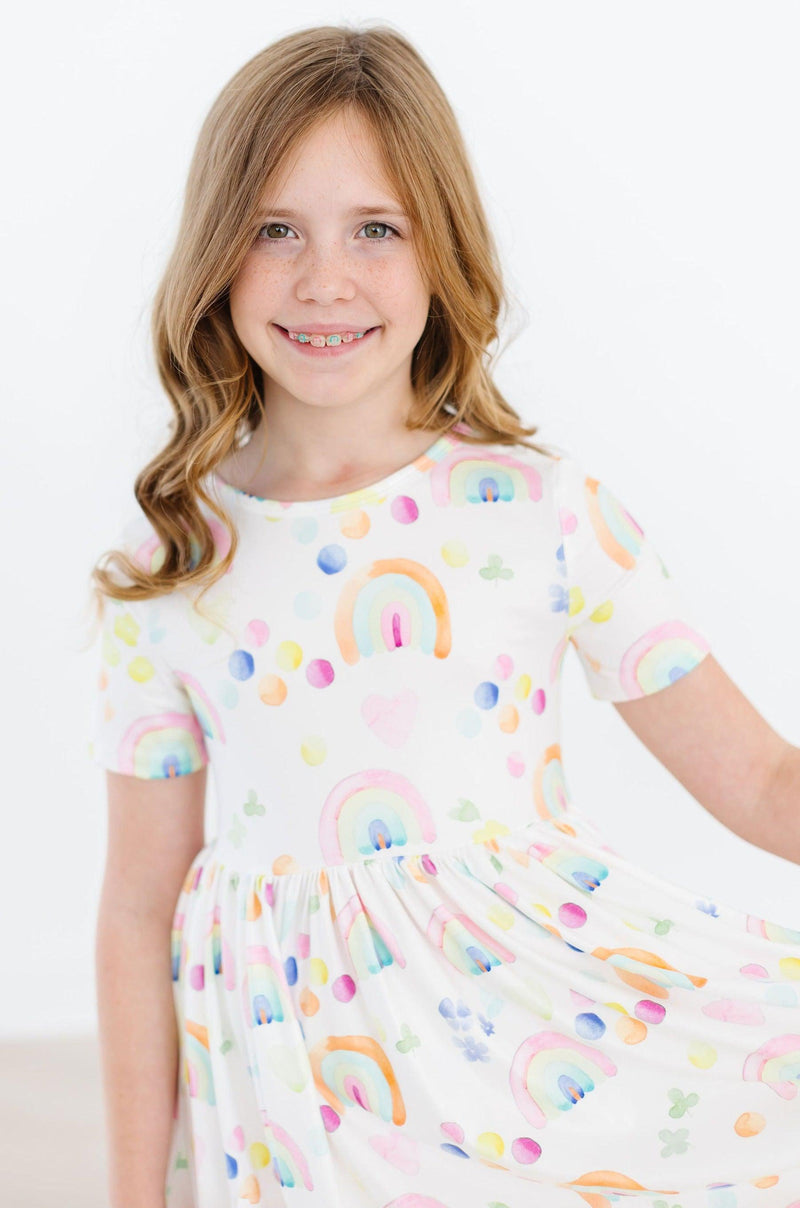 Mila & Rose Watercolor Rainbows Short Sleeve Pocket Twirl Dress