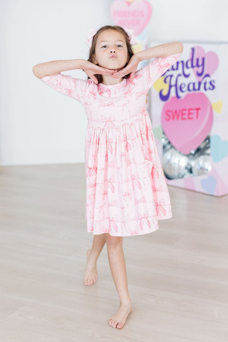 Mila & Rose Blushing Bows 3/4 Sleeve Pocket Twirl Dress