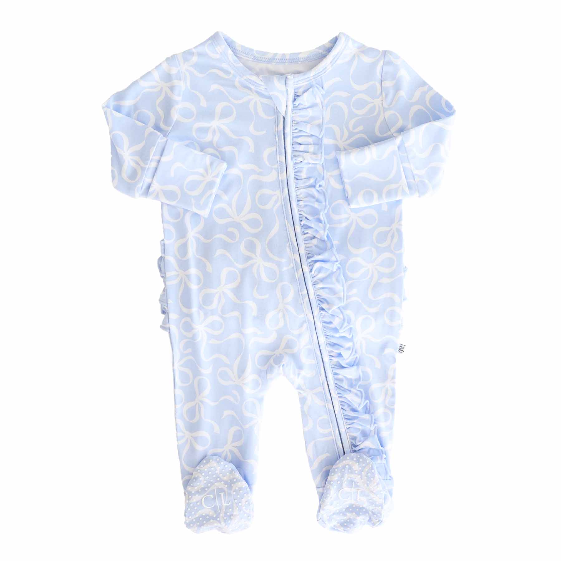 Blue-tiful Bows Ruffle Zipper Footie