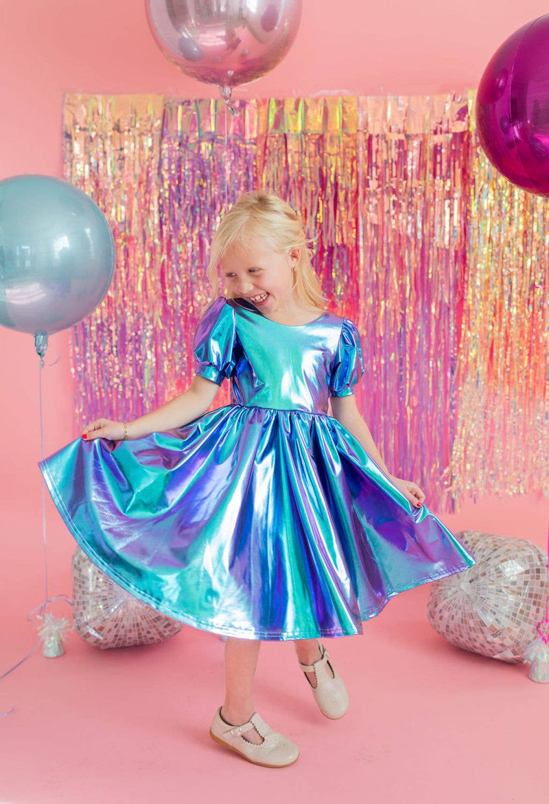 Puff Dress in Aqua Lamé