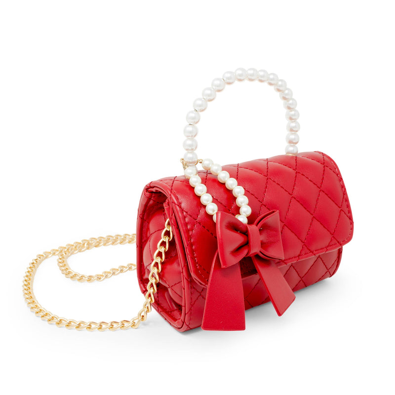 Quilted Pearl Handle Bow Ribbon Handbag: Red