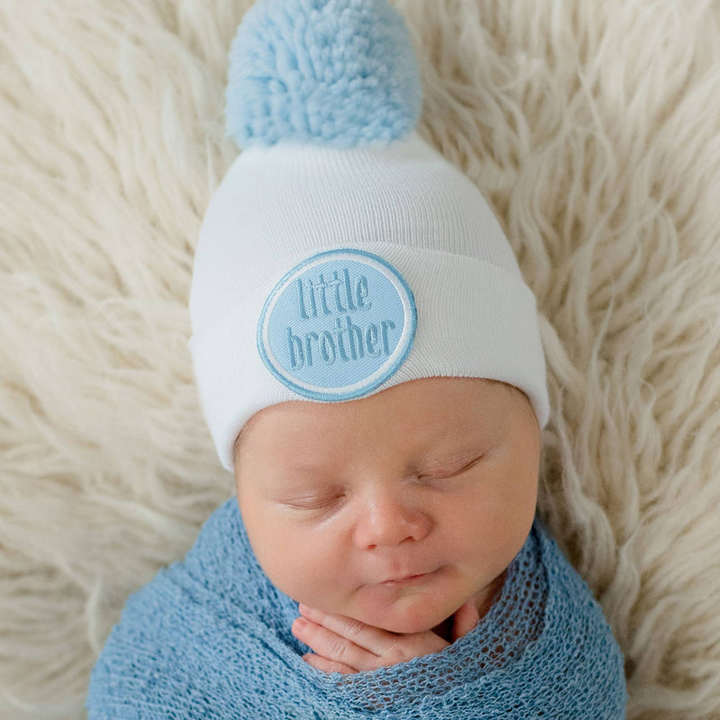White Little Brother Newborn Boy Hospital Hat Handmade Pom: Newborn