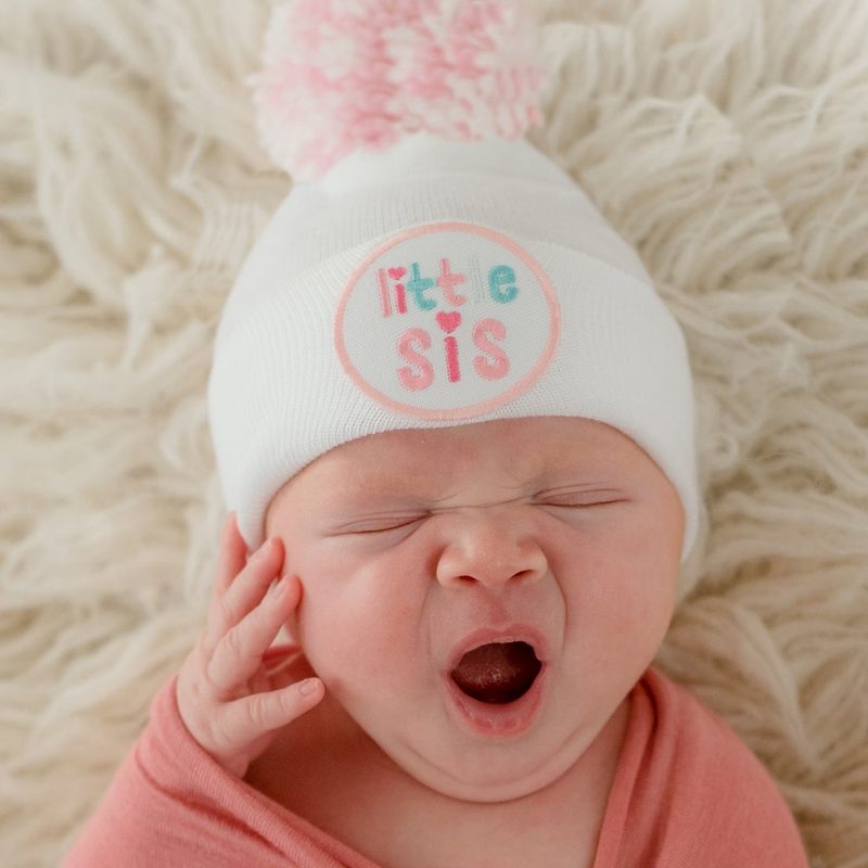 White Little SIS Hat with Pink & White Pom Pom: Newborn
