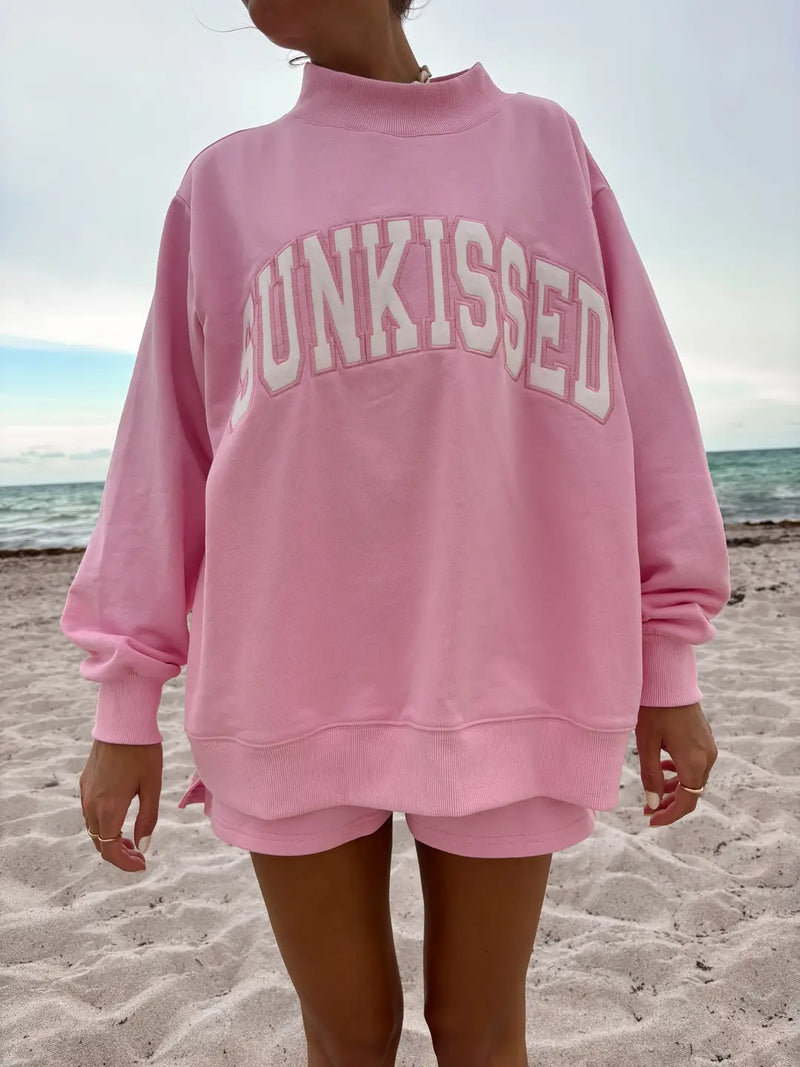Sunkissed Coconut Lottie Pink Varsity Sunkissed Embroidered Mockneck Sweatshirt 100% Cotton