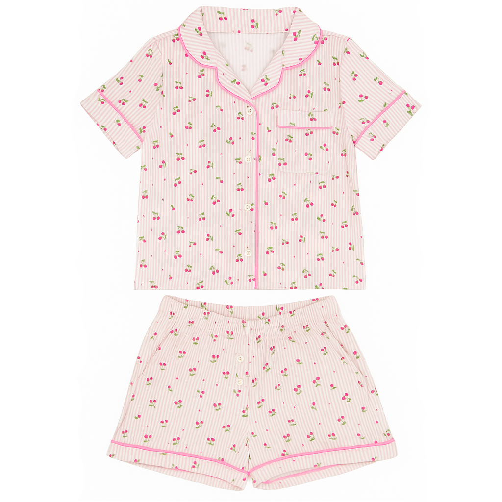 Preppy Goose Cherry Stripes Jersey Short Sleeve PJ Set