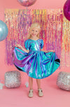 Puff Dress in Aqua Lamé