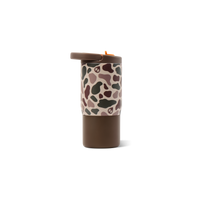 A travel tumbler with a brown base and lid, featuring a beige sleeve with a dark brown and green camouflage pattern and a small paw print logo.