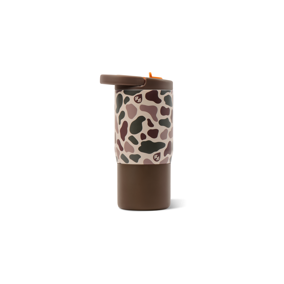 A travel tumbler with a brown base and lid, featuring a beige sleeve with a dark brown and green camouflage pattern and a small paw print logo.