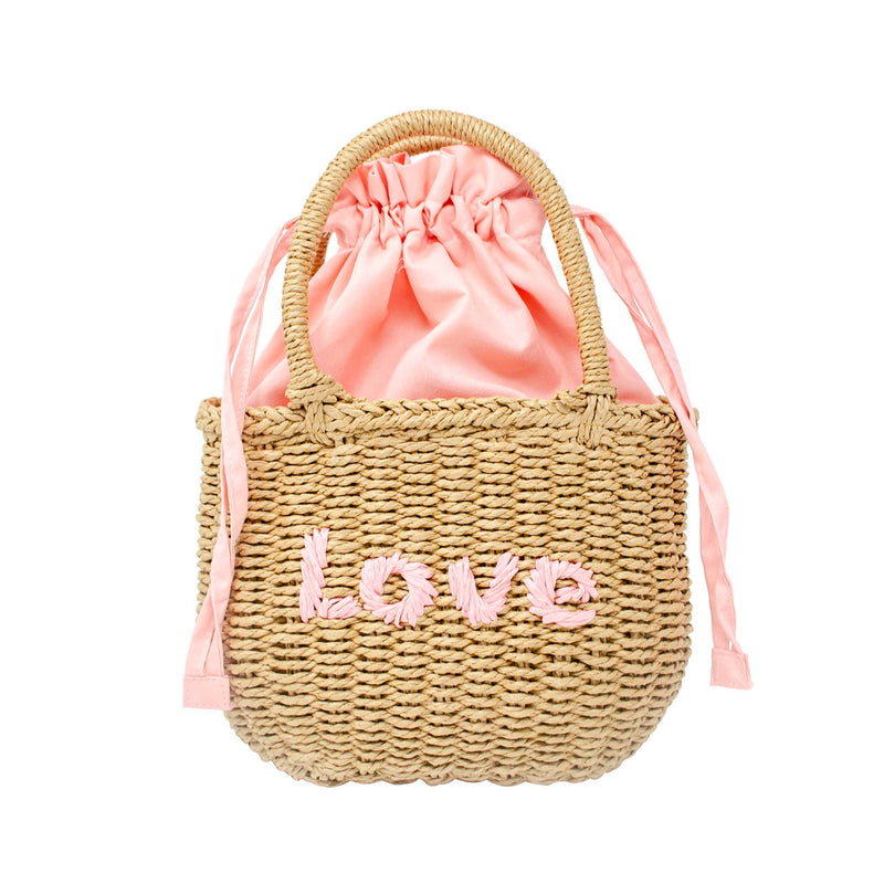 Girls Wicker Basket Message Handbag: Pink "Love"
