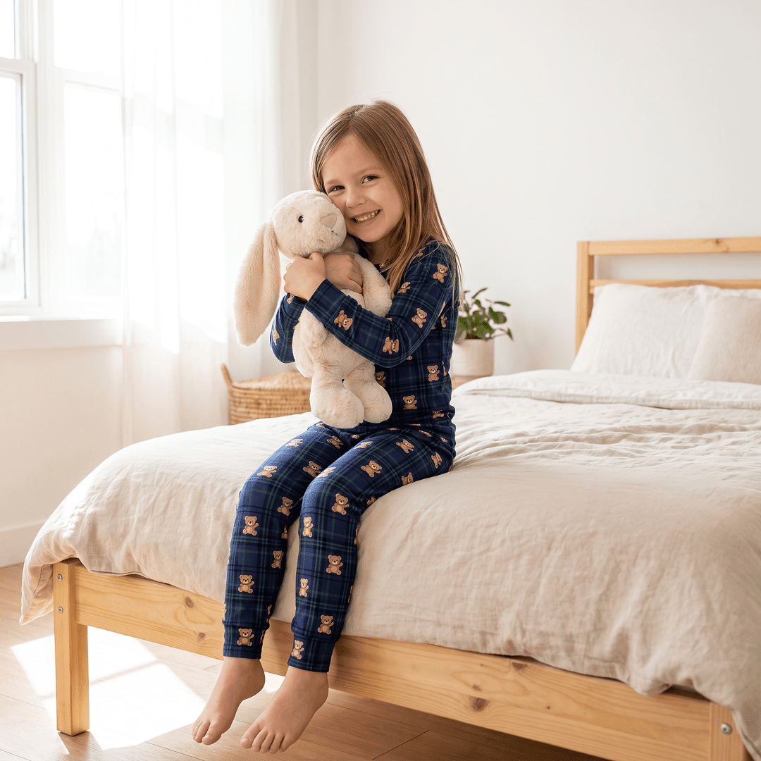 Big Kid Pajama Set - Teddy Bear Plaid - Baby Biz