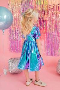 Puff Dress in Aqua Lamé