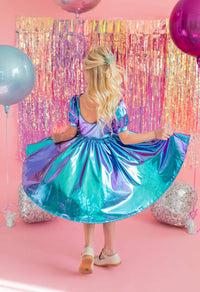 Puff Dress in Aqua Lamé