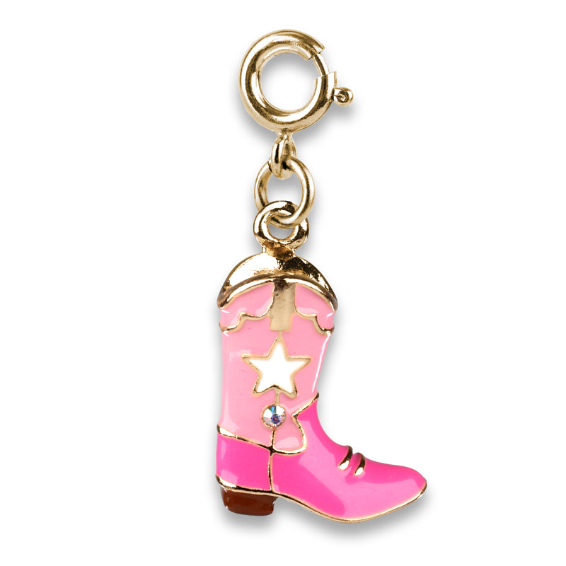 Pink cowboy boot charm with gold accents on a white background