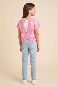 Hayden Girls Open Tulip Back Striped Knit T Shirt Pink