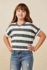 Hayden Heathered Stripe V Neck Knit Top