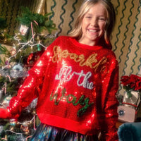 Queen of Sparkle Kids Full Sequin Sparkle All The Way Red Sparkle Sweater