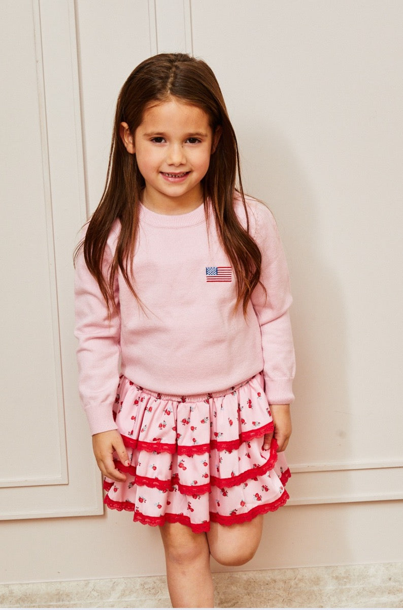 Theme Gemma Satin Pink Rose Mini Skirt with Red Lace