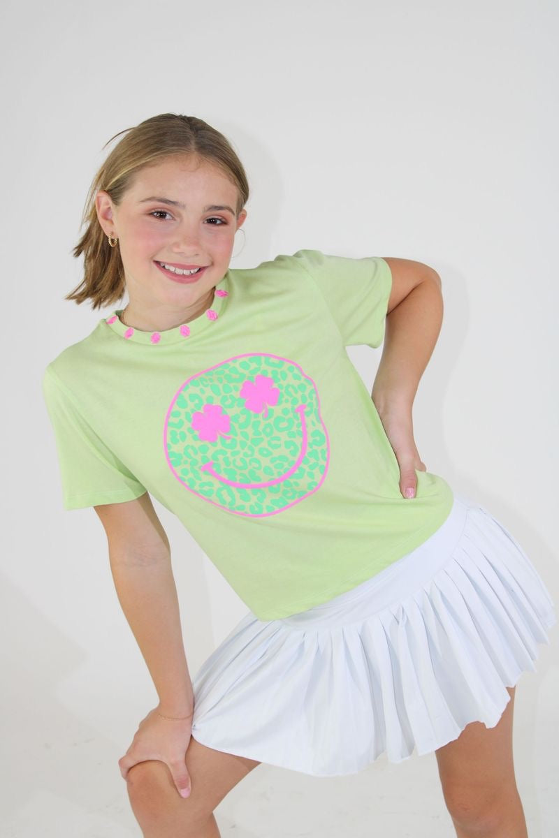 Paper Flower Shamrock Smiley Face Graphic Tee with Embroidery | Butterfly