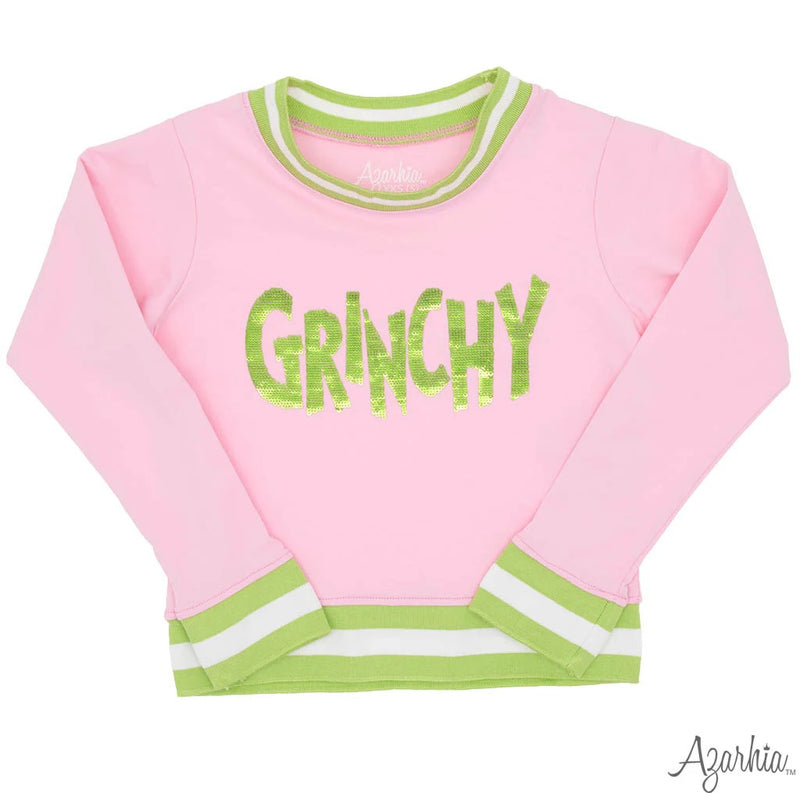 Grinchy in Sequin on Pink Crew Sweatshirt CHRISTMAS