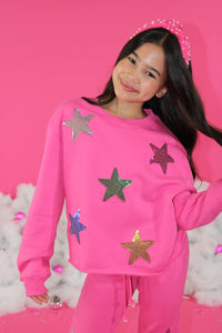 Paper Flower Sequins Stars Applique Sweatshirt | Carmine Rose