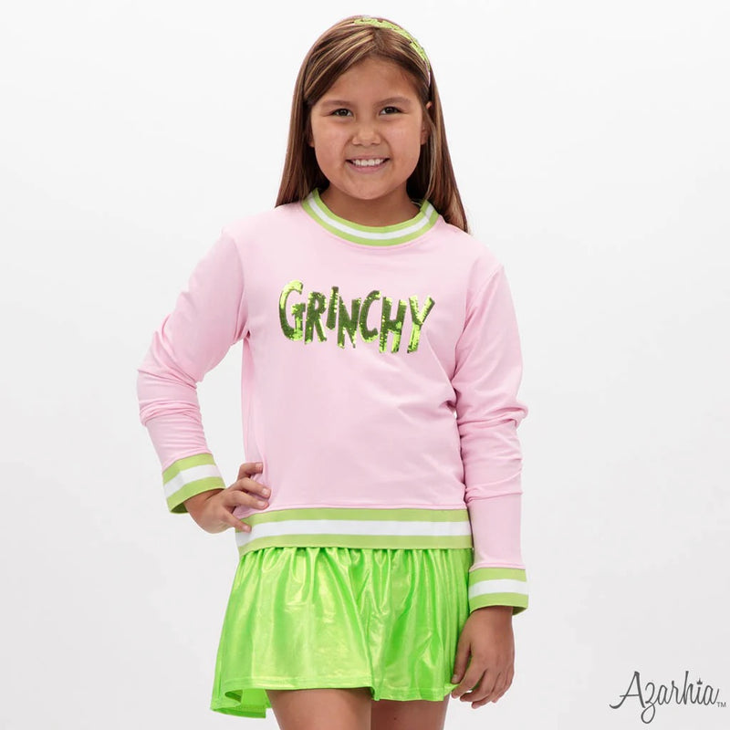 Grinchy in Sequin on Pink Crew Sweatshirt CHRISTMAS