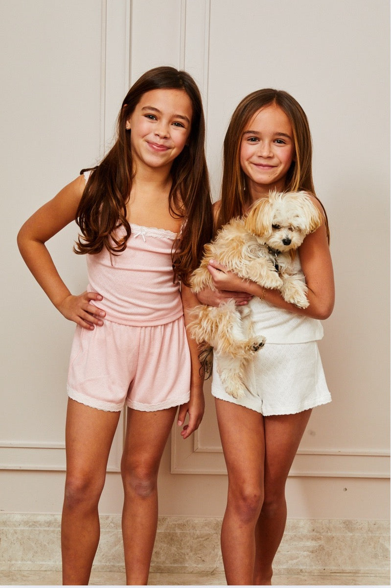 Theme Teddy Light Pink Heart Pointelle Shorts with White Lace