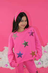 Paper Flower Sequins Stars Applique Sweatshirt | Carmine Rose