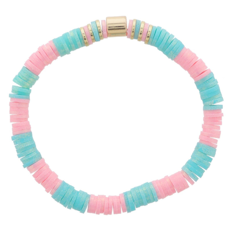 Kids Colorblock Light Pink and Turquoise Iridescent Rubber Sequins with Gold Bead Accents Bracelet