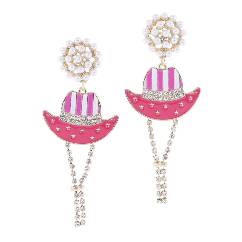 Pearl Cluster Post & Multi Pinks & White Cowgirl Hat with Crystal Embellishment & Tassels Earrings