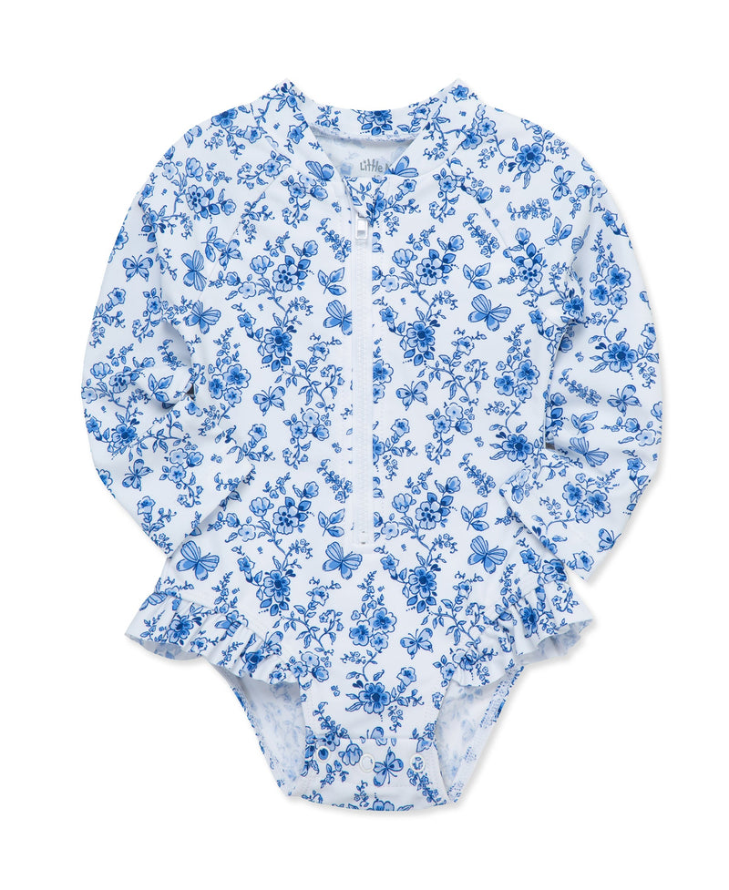 Little Me Blue Floral One-Piece Rashguard Swimsuit