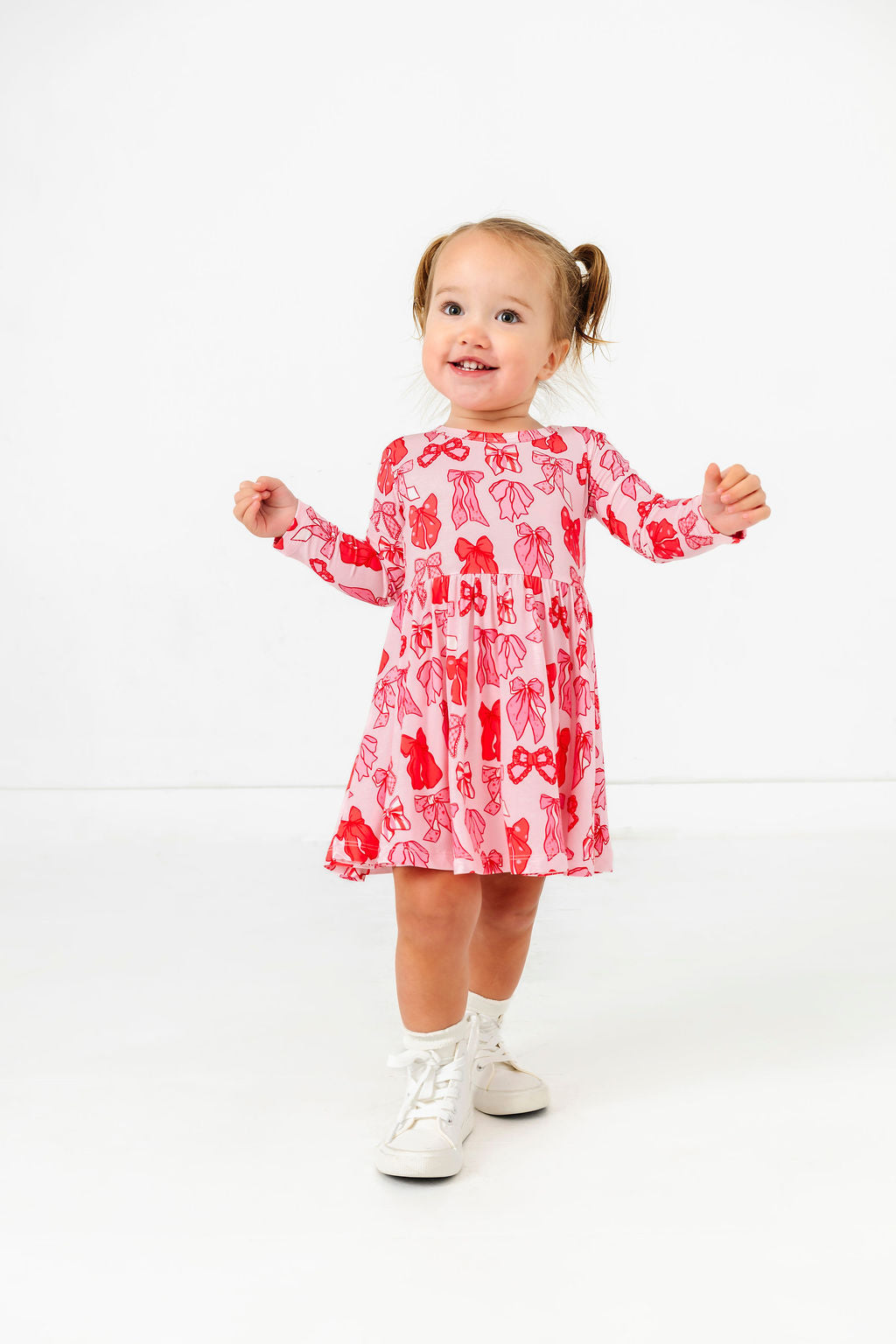 In My Jammers Valentine's Bow Long Sleeve Twirl Dress