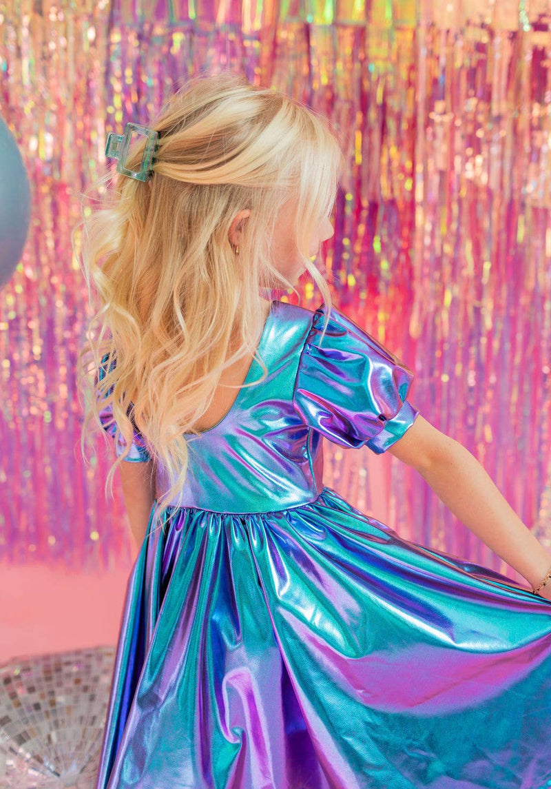 Puff Dress in Aqua Lamé