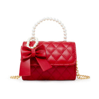 Quilted Pearl Handle Bow Ribbon Handbag: Red