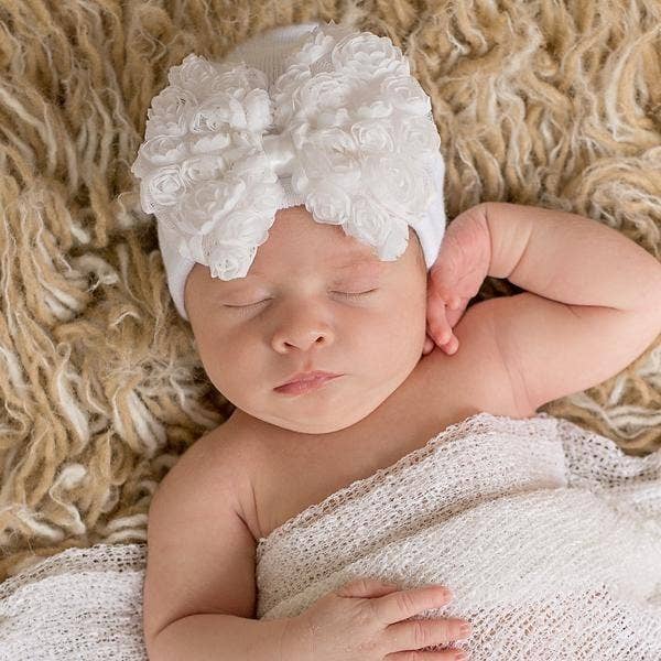 White Rosette Bow Newborn Hospital Hat
