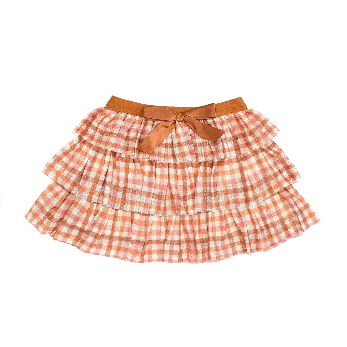A plaid tiered tutu skirt in blush, cream, and caramel with a burnt orange waistband and satin bow.