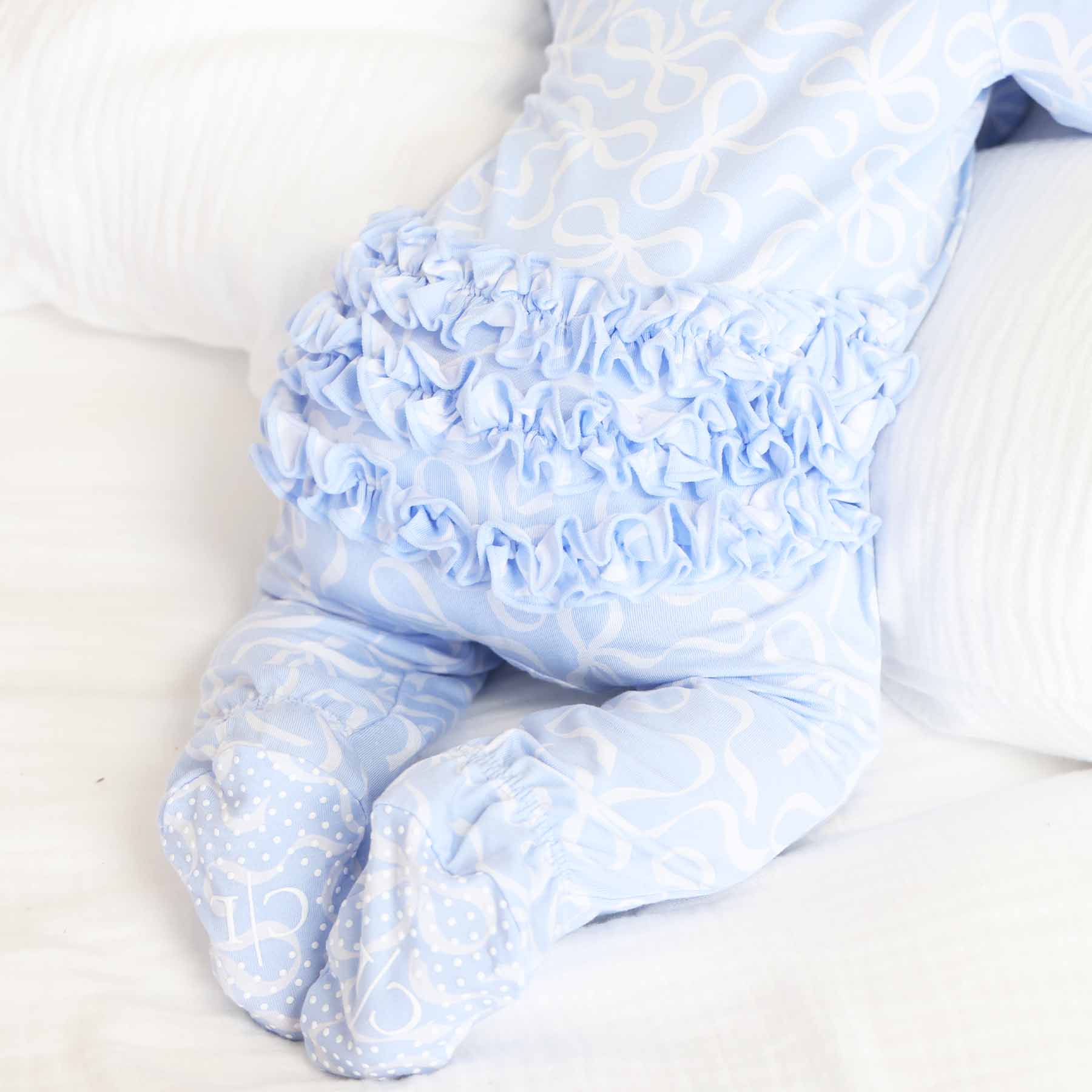 Blue-tiful Bows Ruffle Zipper Footie