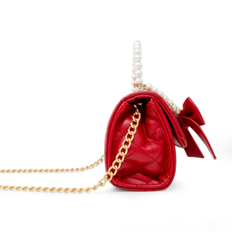 Quilted Pearl Handle Bow Ribbon Handbag: Red