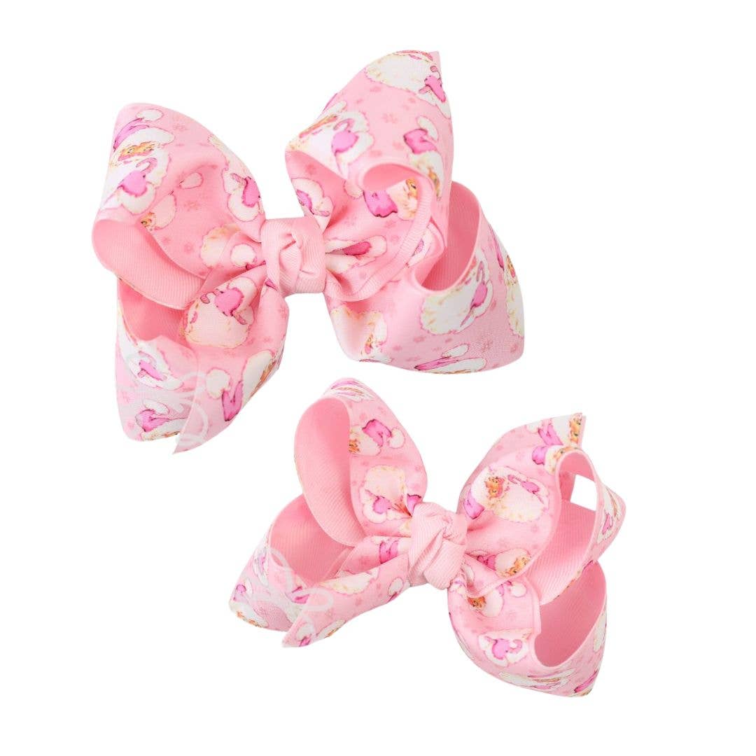 LAYERED LIGHT PINK SANTA PRINT HAIR BOW ON ALLIGATOR CLIP : 5.5" Huge