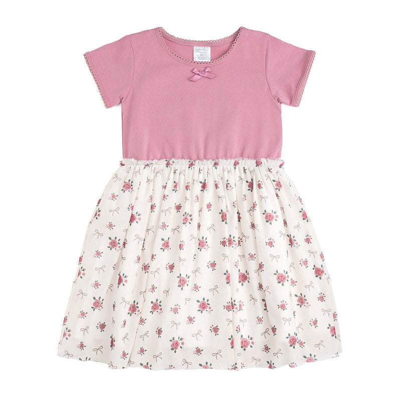 A short sleeve dress with a mauve bodice and an ivory floral tulle skirt.