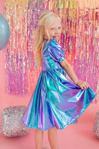 Puff Dress in Aqua Lamé