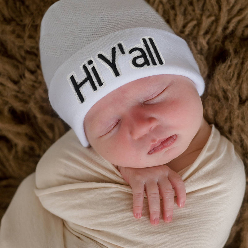 Hi Y'all Baby Hat - Newborn and Baby Hospital Hat: 0-3 months / White Hat